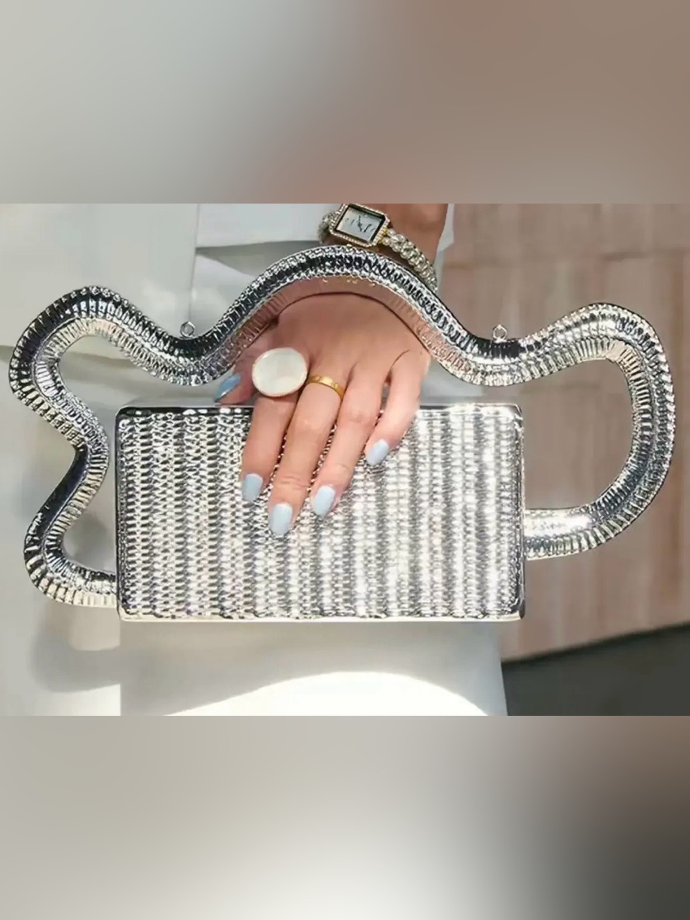 AKIRA Silver Metallic Statement Clutch with Sculpted Handle